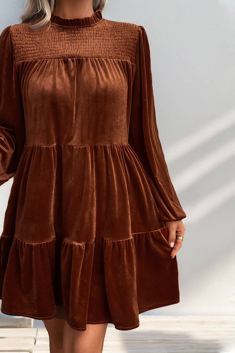 CWDSD6206_SOLID COLOR GOLD VELVET LONG SLEEVE DRESS