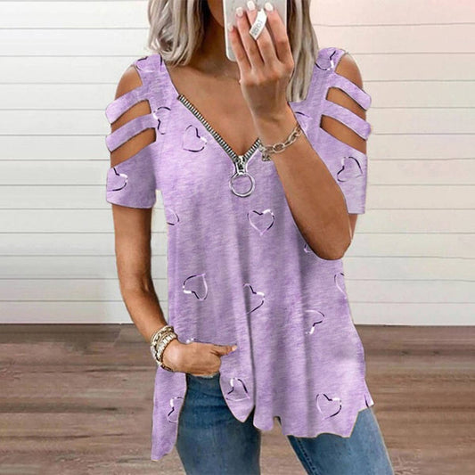 V-NECK ZIP-UP PRINT SHORT-SLEEVED BAGGY BLOUSE