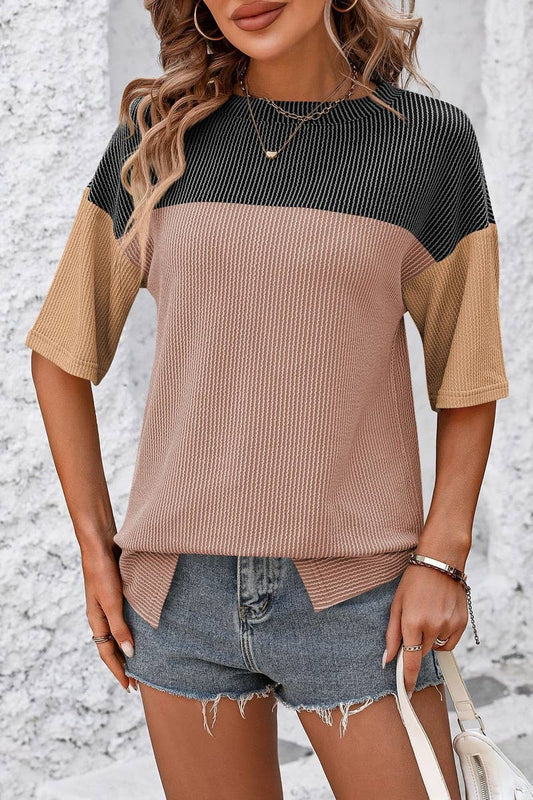 Cwtts1317_Summer Round Neck Color Block Loose T-Shirt