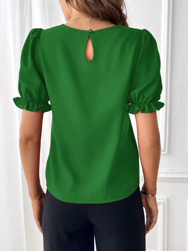Stylish solid color puffed sleeve crew-neck shirt