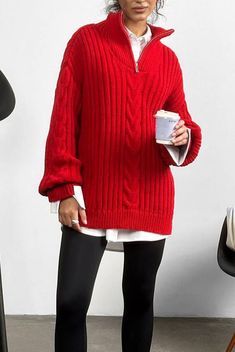Zipper half turtleneck long-sleeved pullover sweater