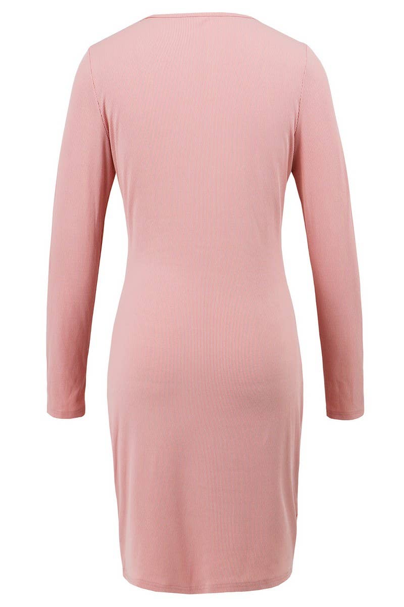 CWDSD6458_SOLID COLOR V-NECK HIP-HUGGING LACE RIBBED DRESS