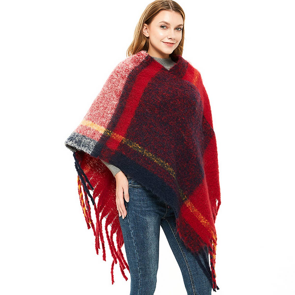 THICK TASSEL COLOR MATCHING PULLOVER CAPE SHAWL