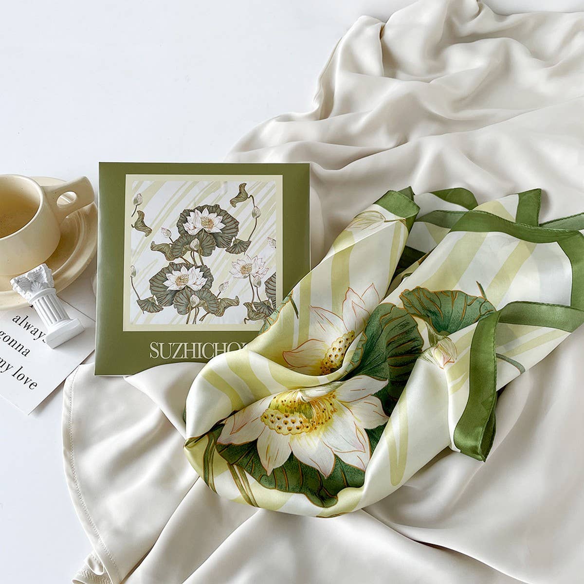 Mint Mambo Lotus Print Satin Scarf Gift for Women