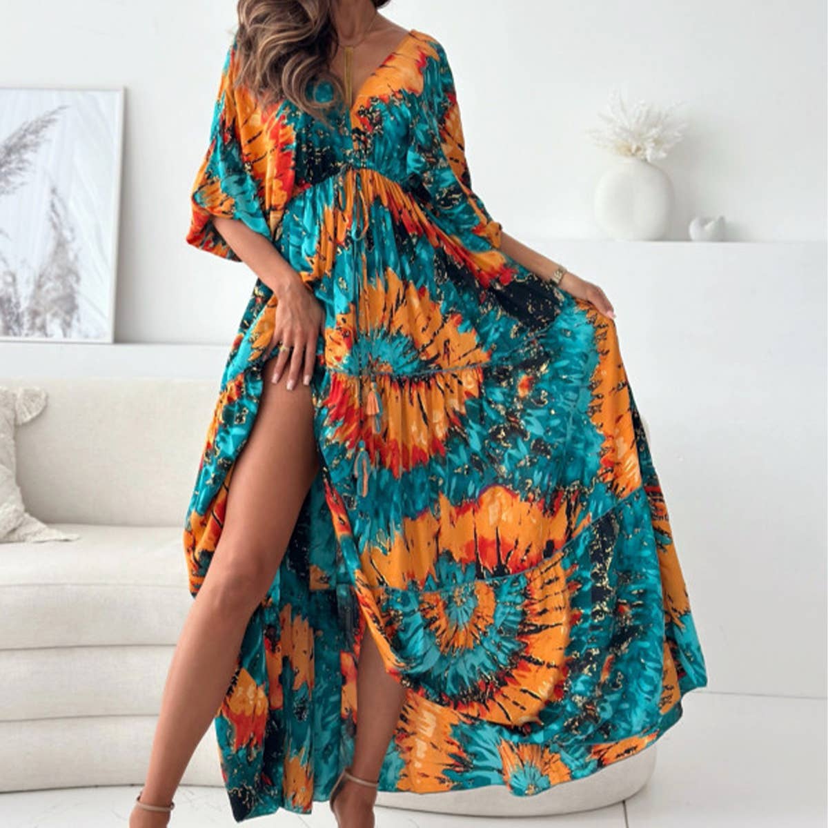 Sexy deep V abstract big floral print split dress