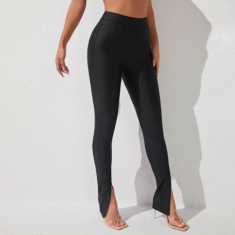 Fashion solid color small feet open flared pants