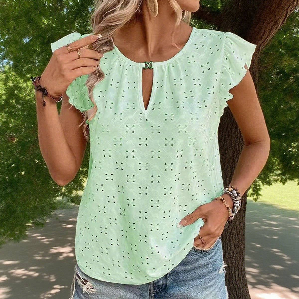 Jacquard V-neck pusher short-sleeved T-shirt