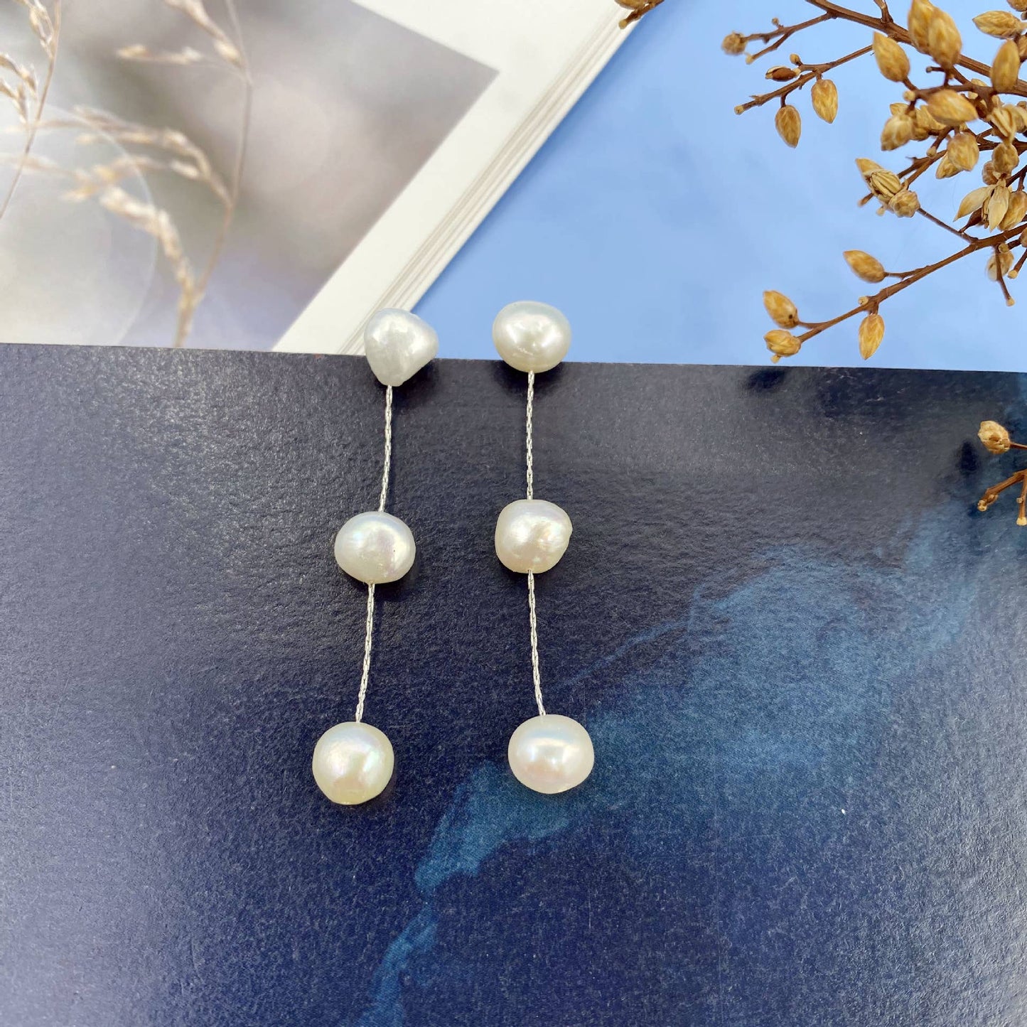 S925 Silver needle natural pearl long earrings