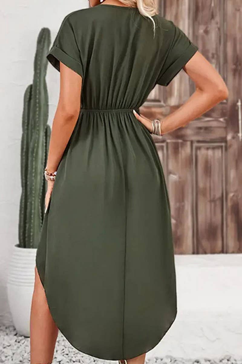 CWDSD7412_SOLID SLIT WRAP TIE SHORT SLEEVE DRESS