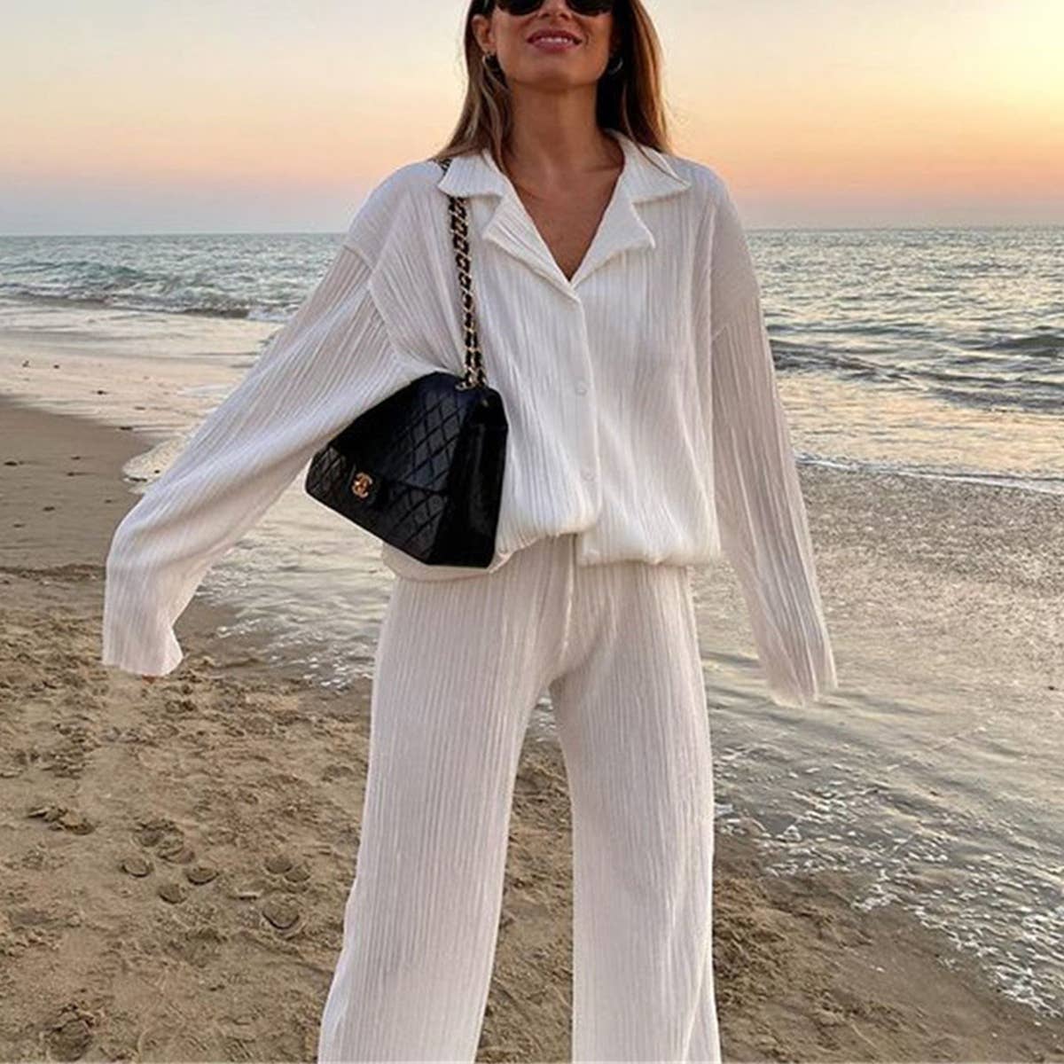 PLEATED DESIGN SHIRT TWO-PIECE SET