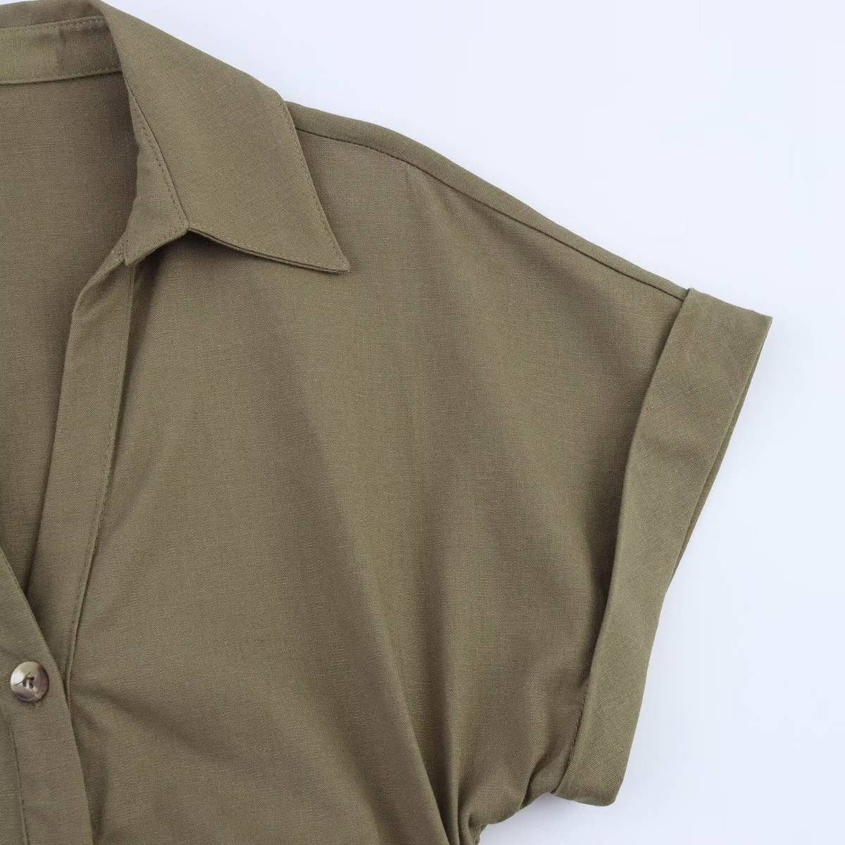 Linen Collared Short Sleeve Midi Dress for Women