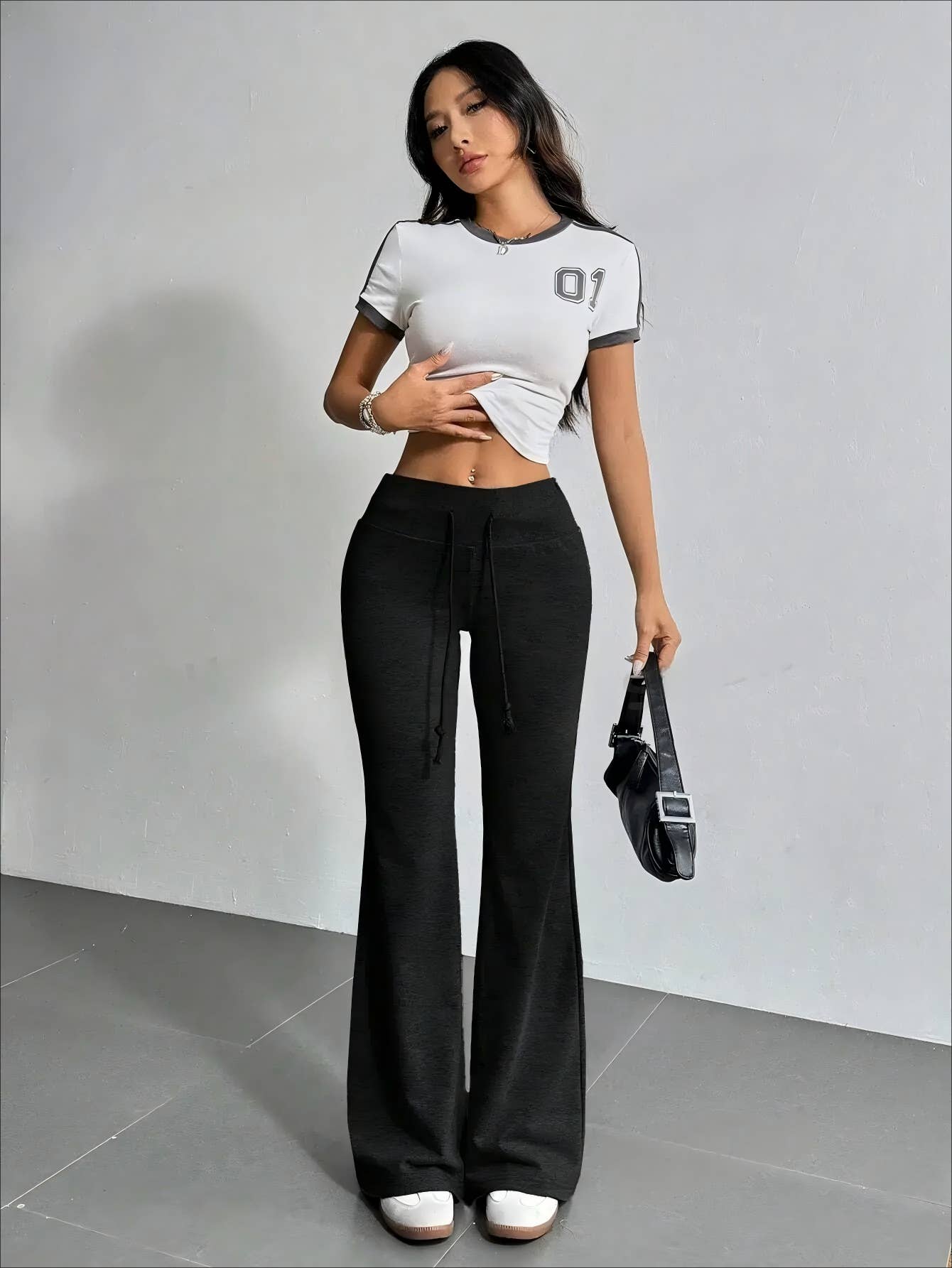 DRAWSTRING HIGH-WAISTED SOLID COLOR BELL BOTTOMS