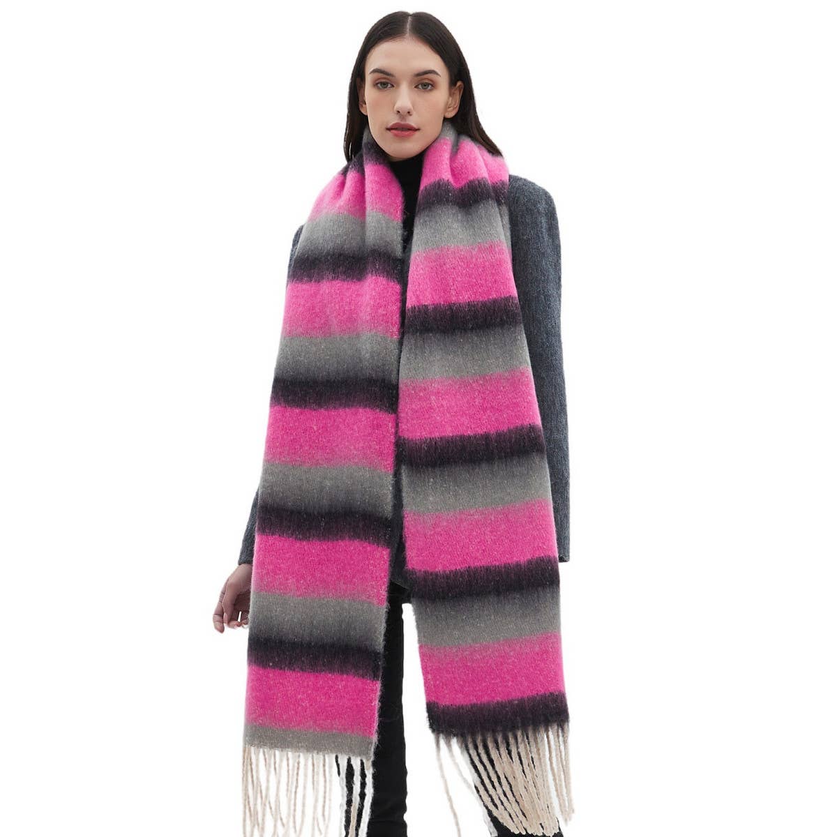 Chunky Fringe Stripe Scarf ?  Winter Yarn Wrap