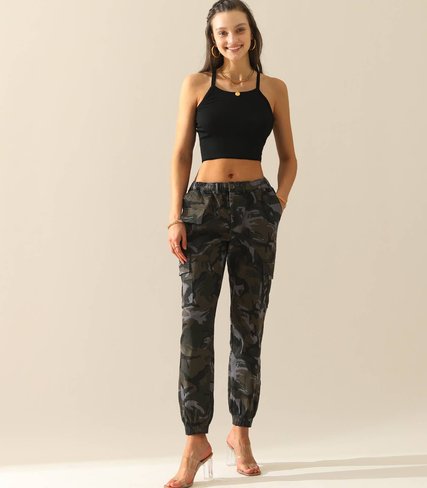CWBLP400-1_Elastic Waist Camo Cargo Pants Cotton Work Pants