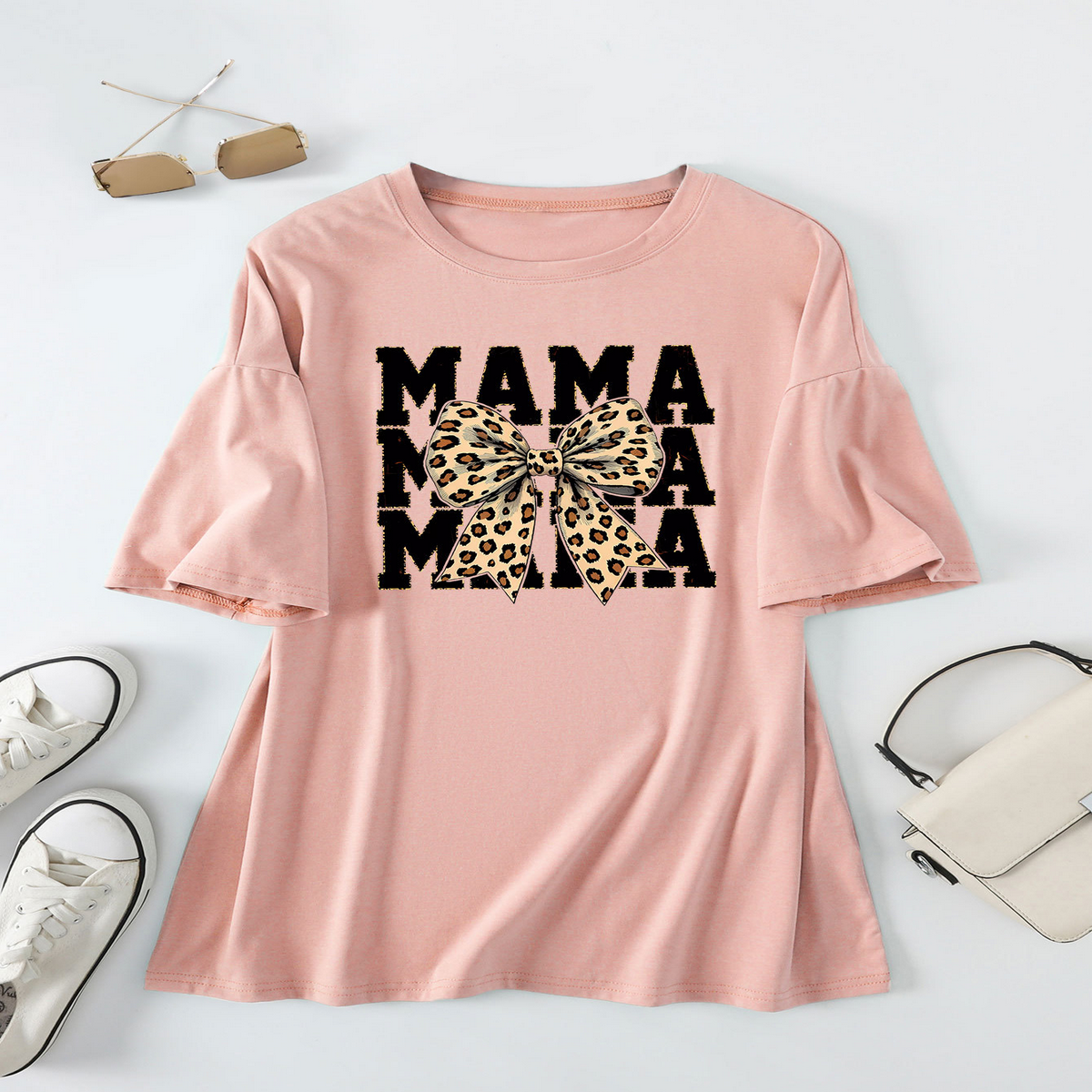 Leopard Bow Print T-Shirt, Loose Fit for Women