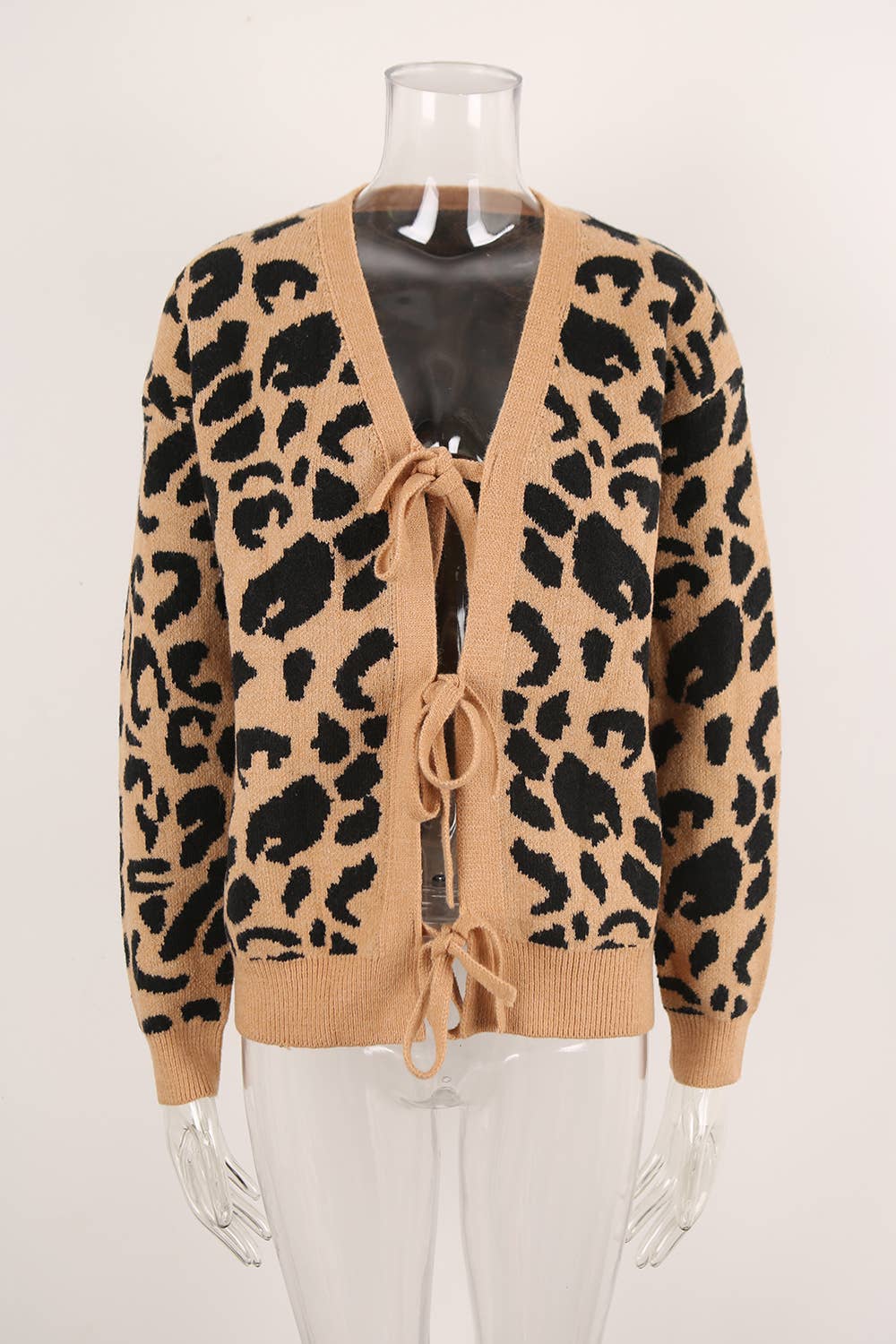 Leopard print jacquard bow tie cardigan