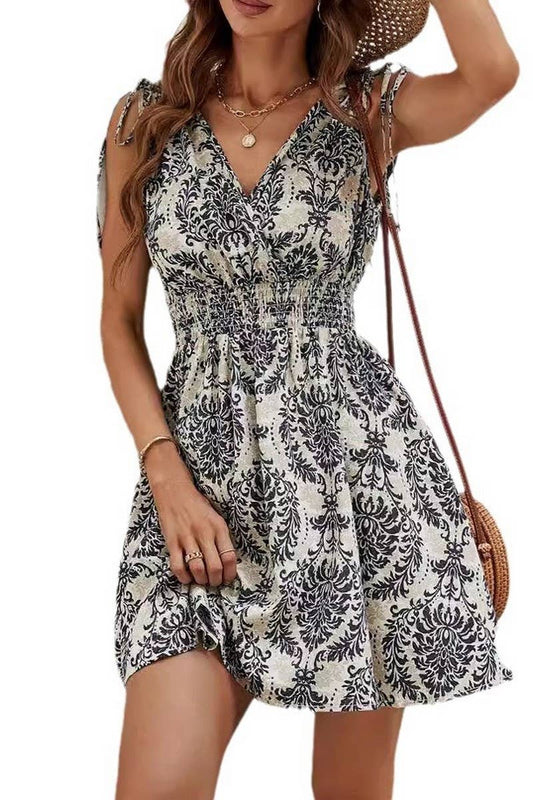 CWDSD5514_V-NECK PRINTED SLEEVELESS SHORT DRESS