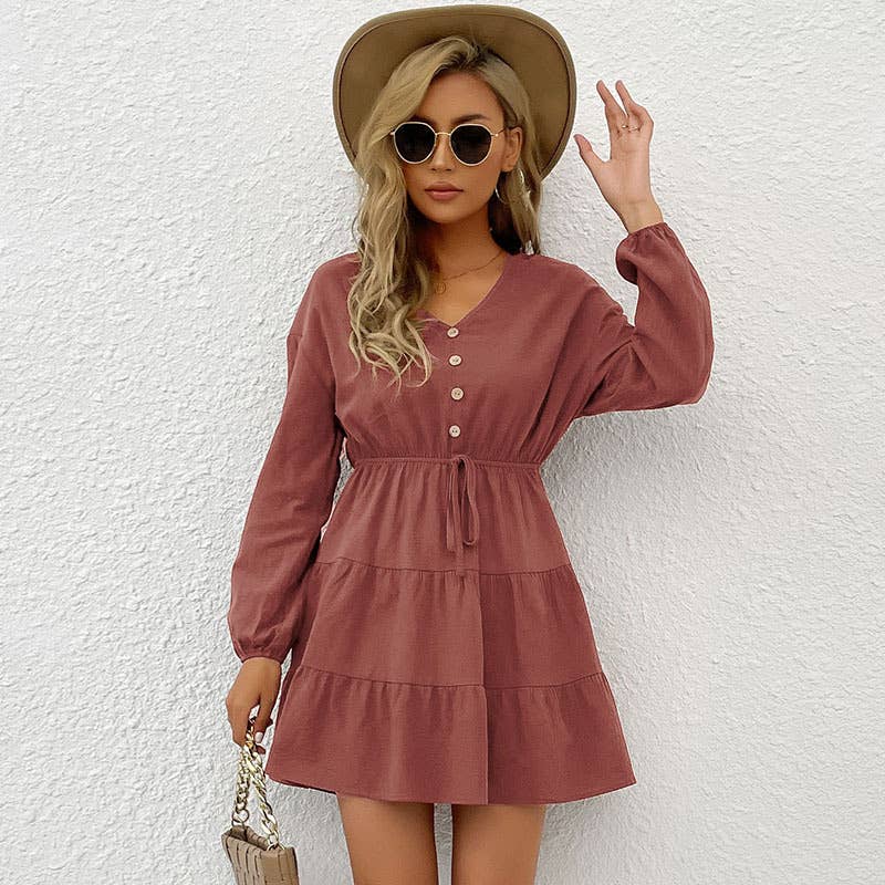SOLID COLOR LACE-UP SLIM DRESS WITH LARGE SKIRT