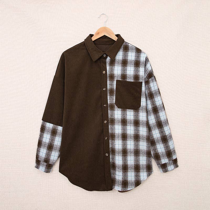 SINGLE BREASTED PLAID CORDUROY LONG SLEEVE SHIRT