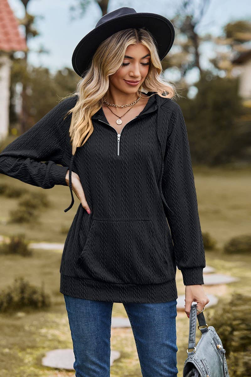 CWOHOL1094_HOODED ZIPPER LOOSE LONG SLEEVE SWEATSHIRT