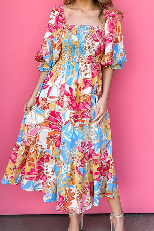 CWDMD3074_FLORAL PUFFED SLEEVE HIGH-WAISTED DRESS LONG