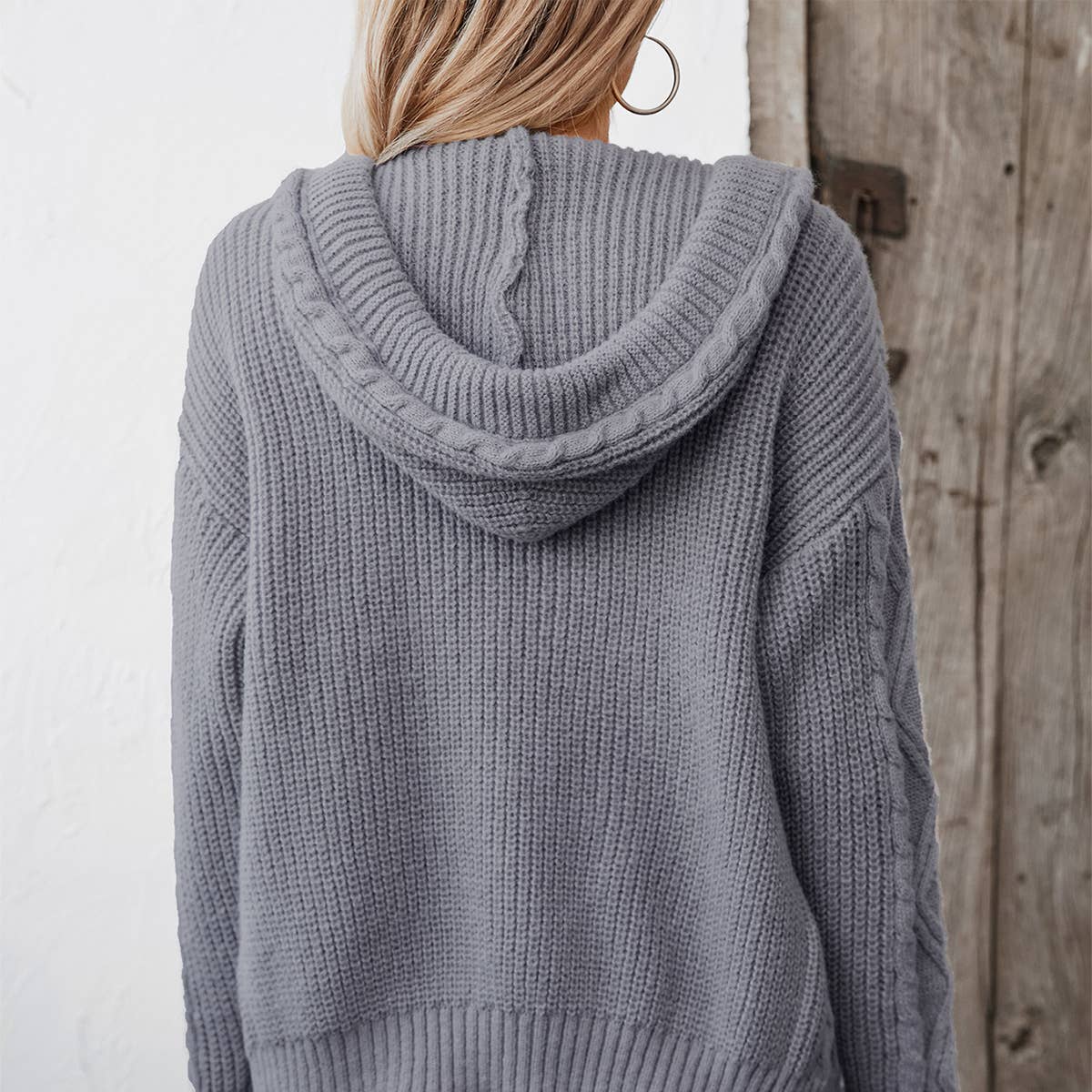 Solid color hooded drawstring single-breasted cardigan