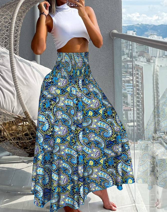 Tropical print retro floral print wide leg pants