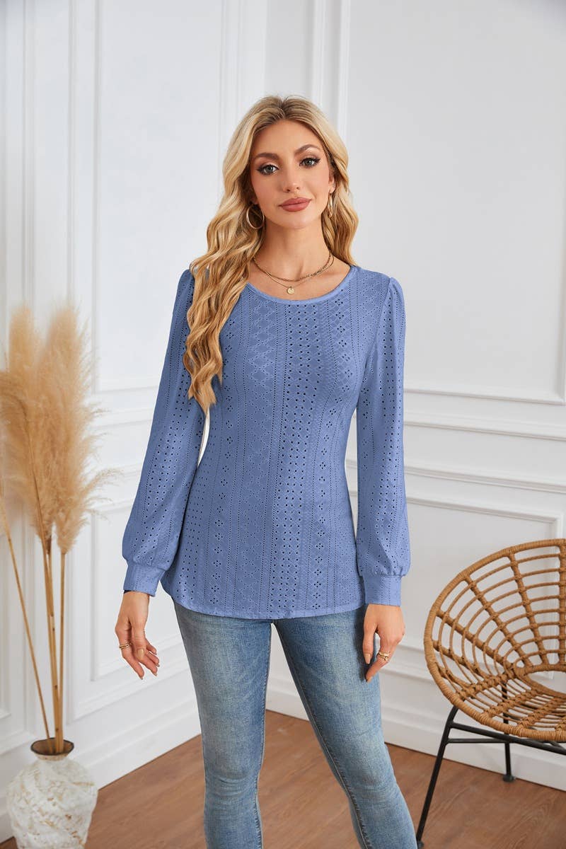 ROUND NECK T-SHIRT WITH HOLES AND PUFFY SLEEVES