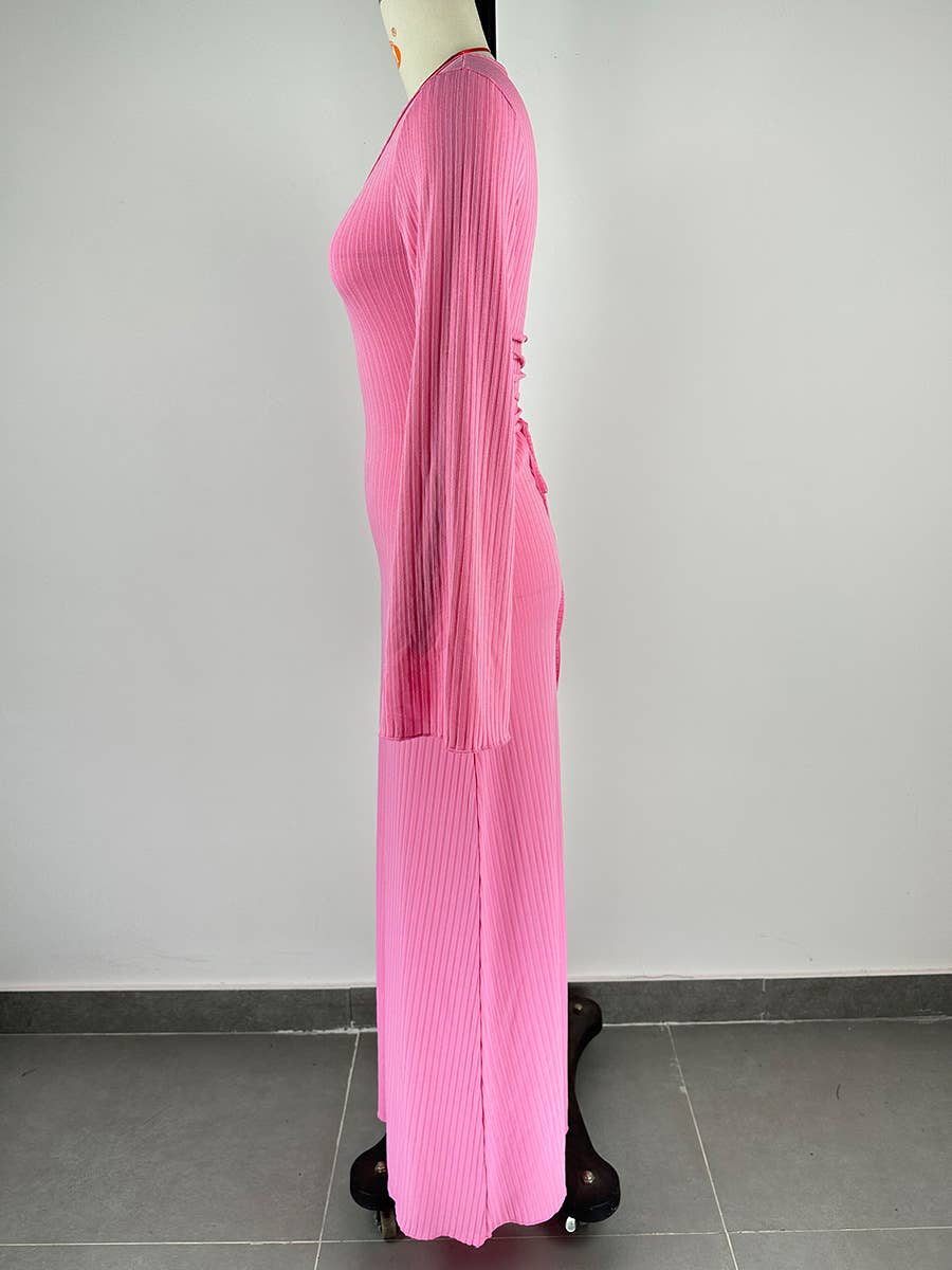 Big Pit Strip Long Sleeve U-Neck Dress_Cwdmd3185