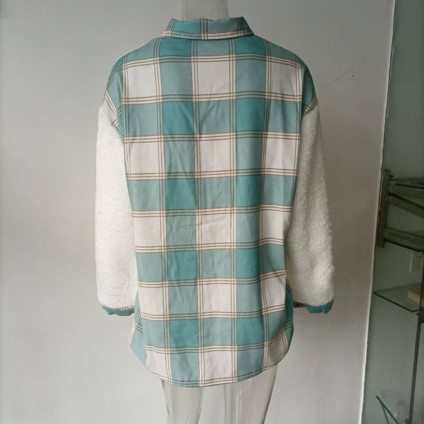 LAPEL LEOPARD PLAID PRINT FLEECE PATCHWORK COAT