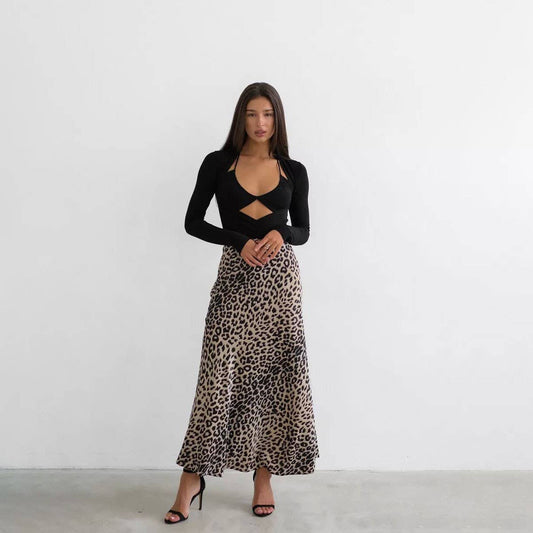 SATIN SKIRT SEXY LEOPARD PRINT MAXI SKIRT_CWAB4798