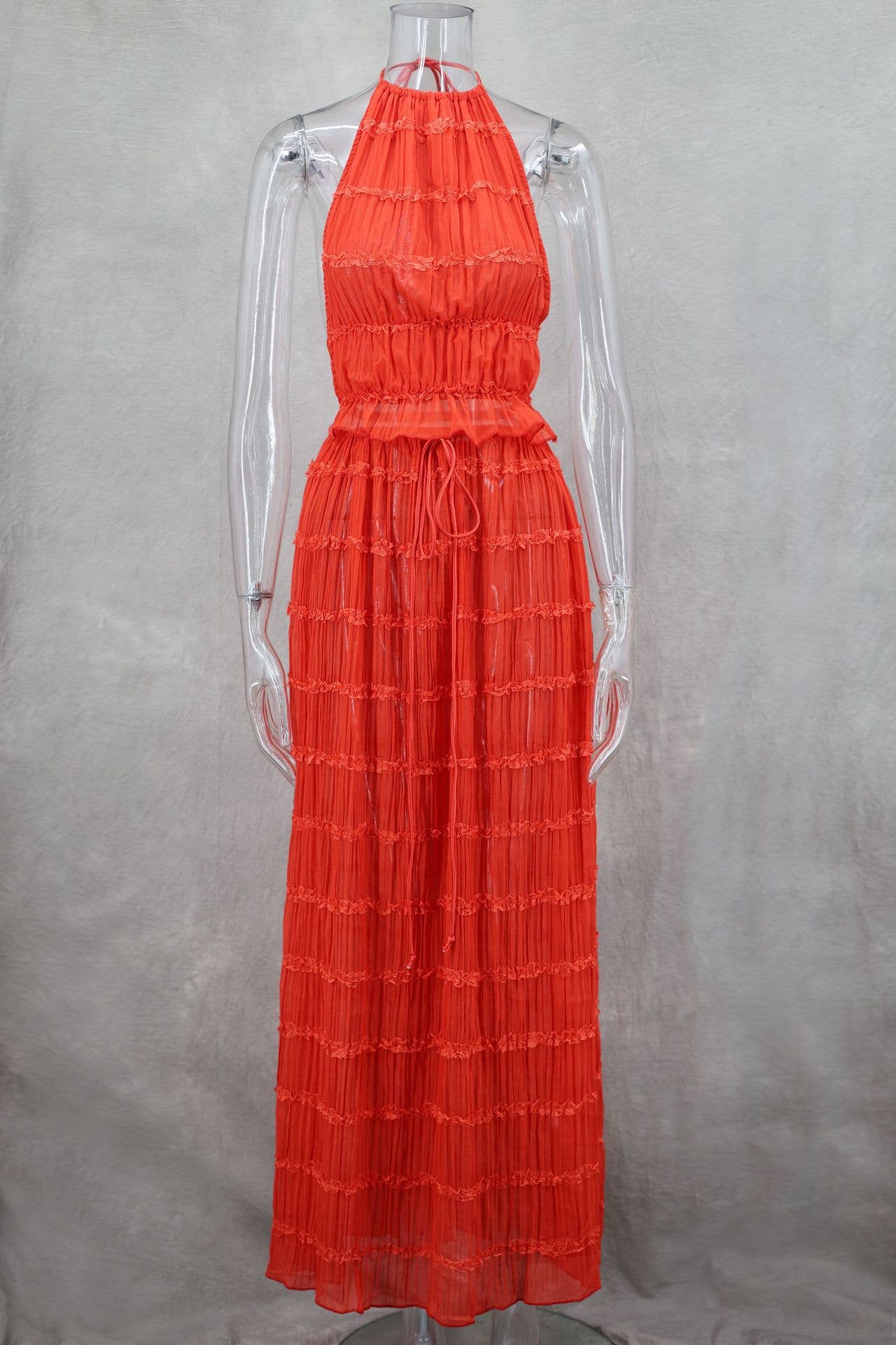 Sexy Backless Halter Lace Trim Cami Maxi Set