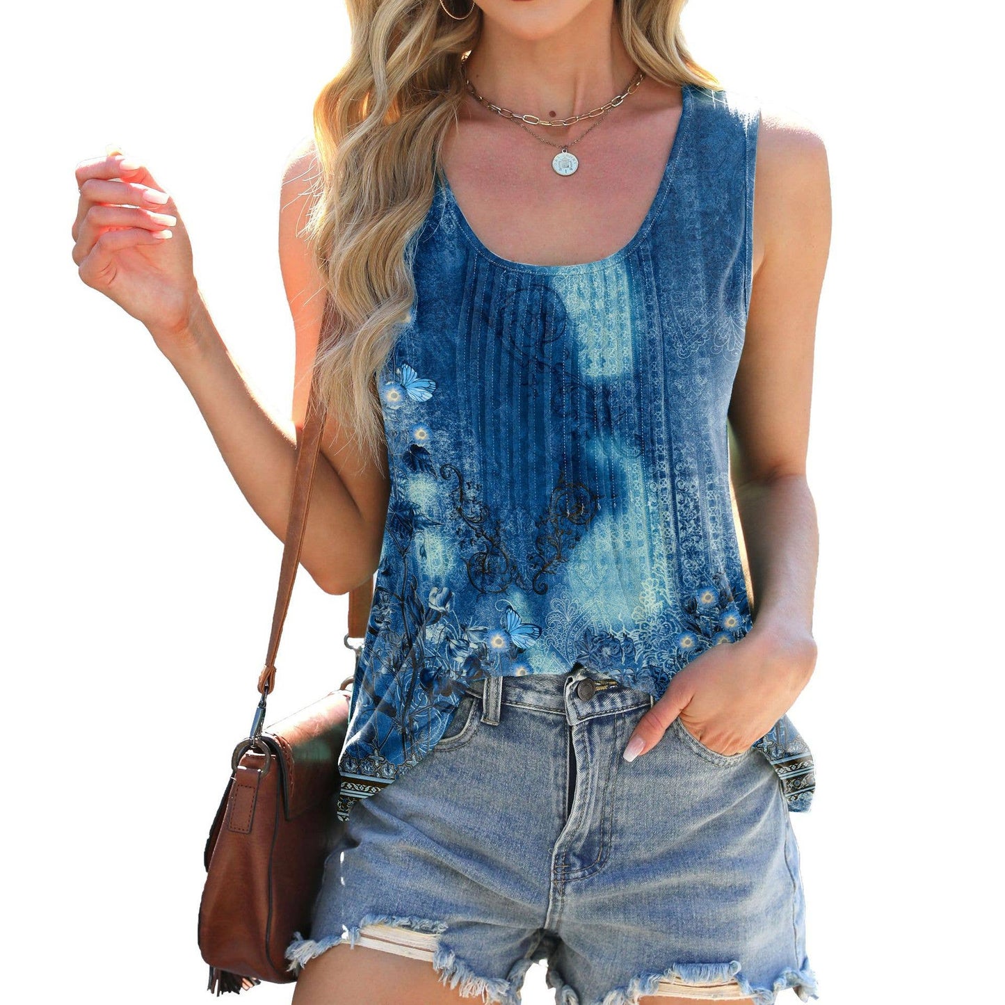 Round neck tie-dye printed sleeveless T-shirt