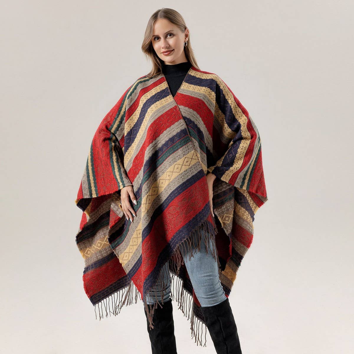 FAUX CASHMERE TASSEL SHAWL BLANKET SLIT CAPE