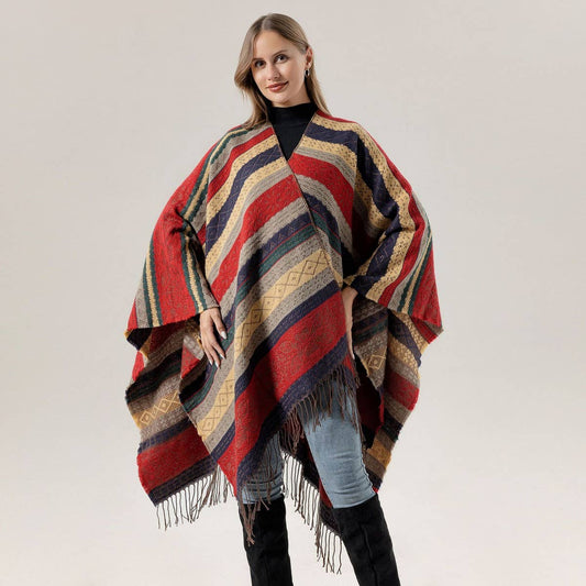 FAUX CASHMERE TASSEL SHAWL BLANKET SLIT CAPE