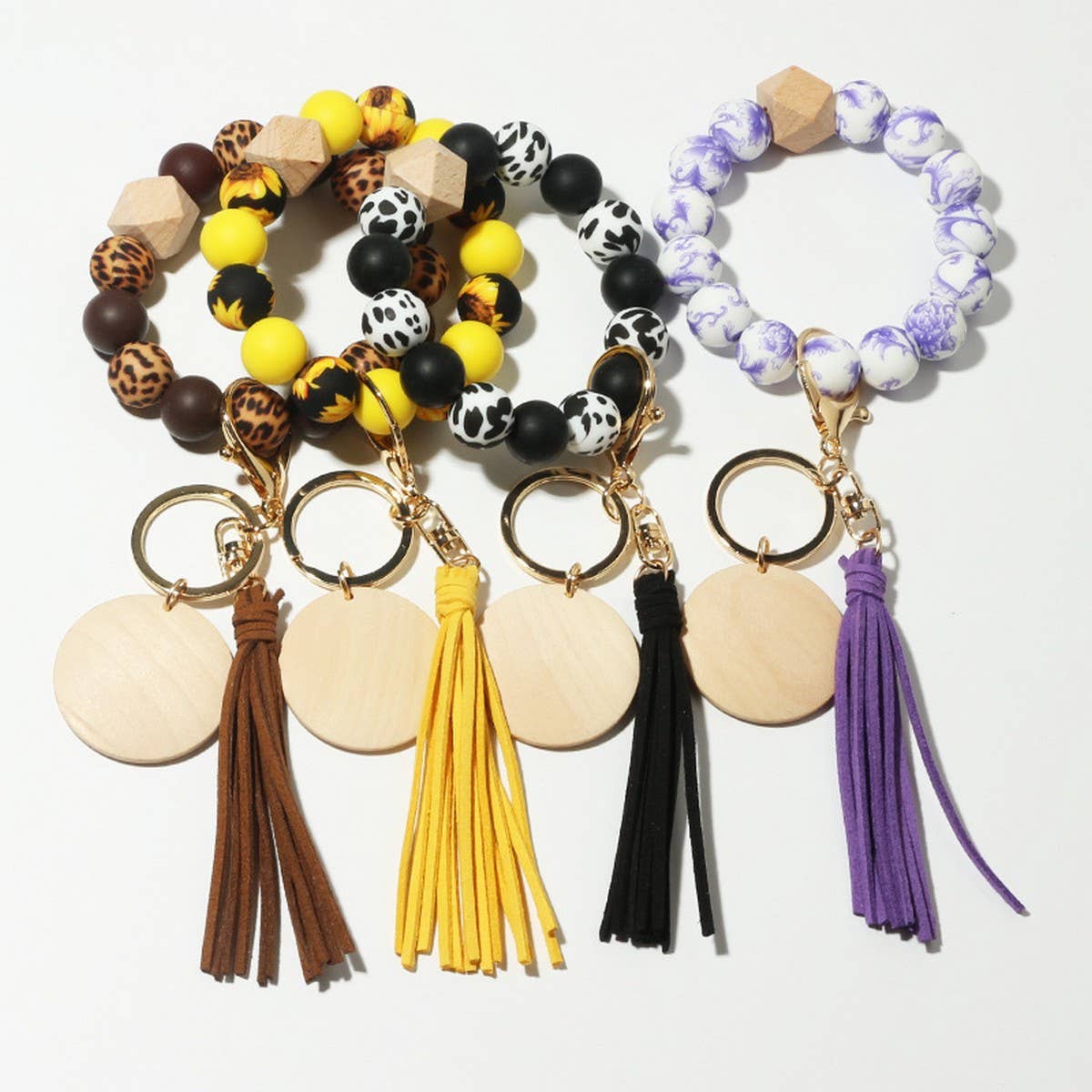 Silicone Bead Bracelet Keychain with Beech Wood