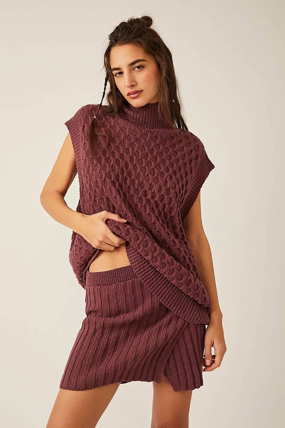 SOLID COLOR LOOSE WOOL VEST SKIRT TWO-PIECE SET