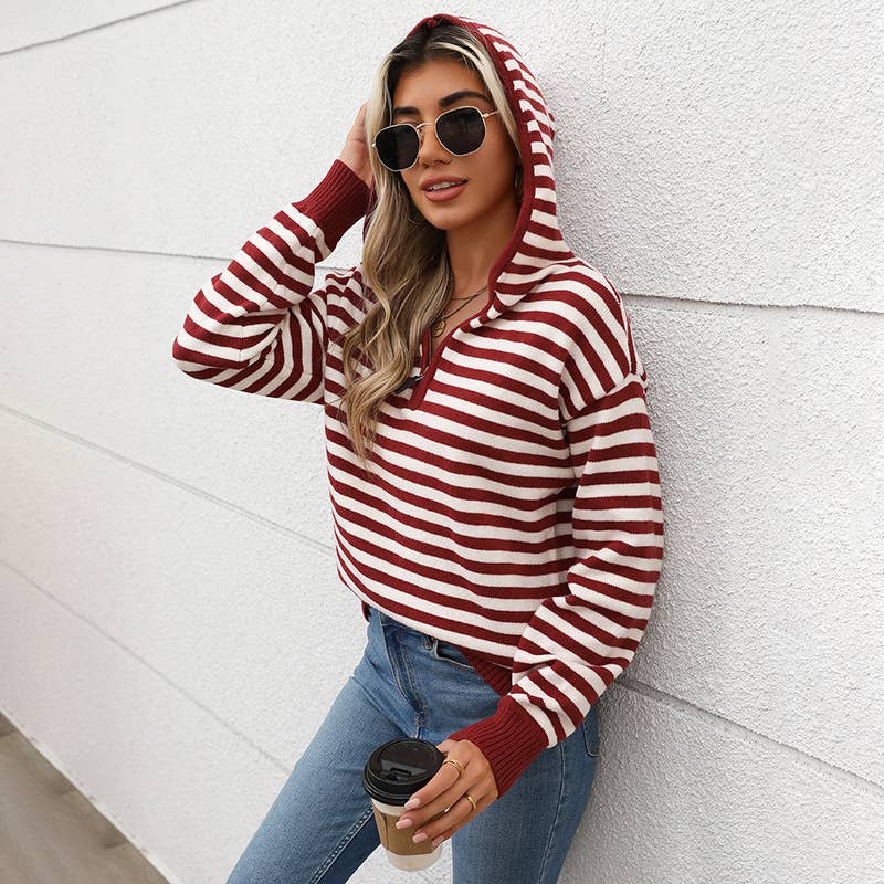 V-NECK STRIPED PULLOVER HALF-ZIP HOODED SWEATER