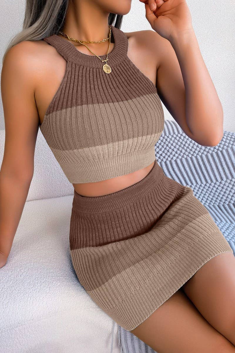 Gradient Color Crop Top Wrap Hip Skirt Set_Cwstb0394