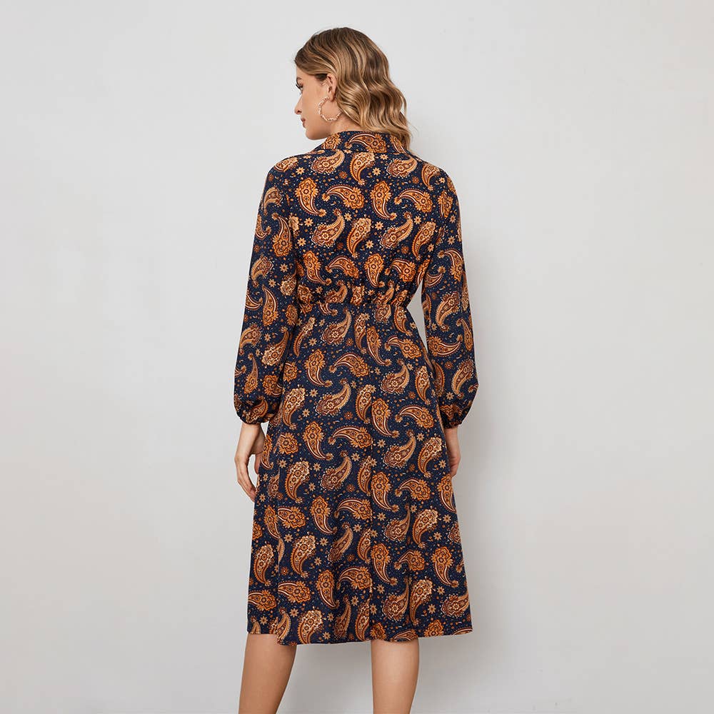 PRINTED A-LINE LONG SLEEVE FLORAL SHIRT DRESS