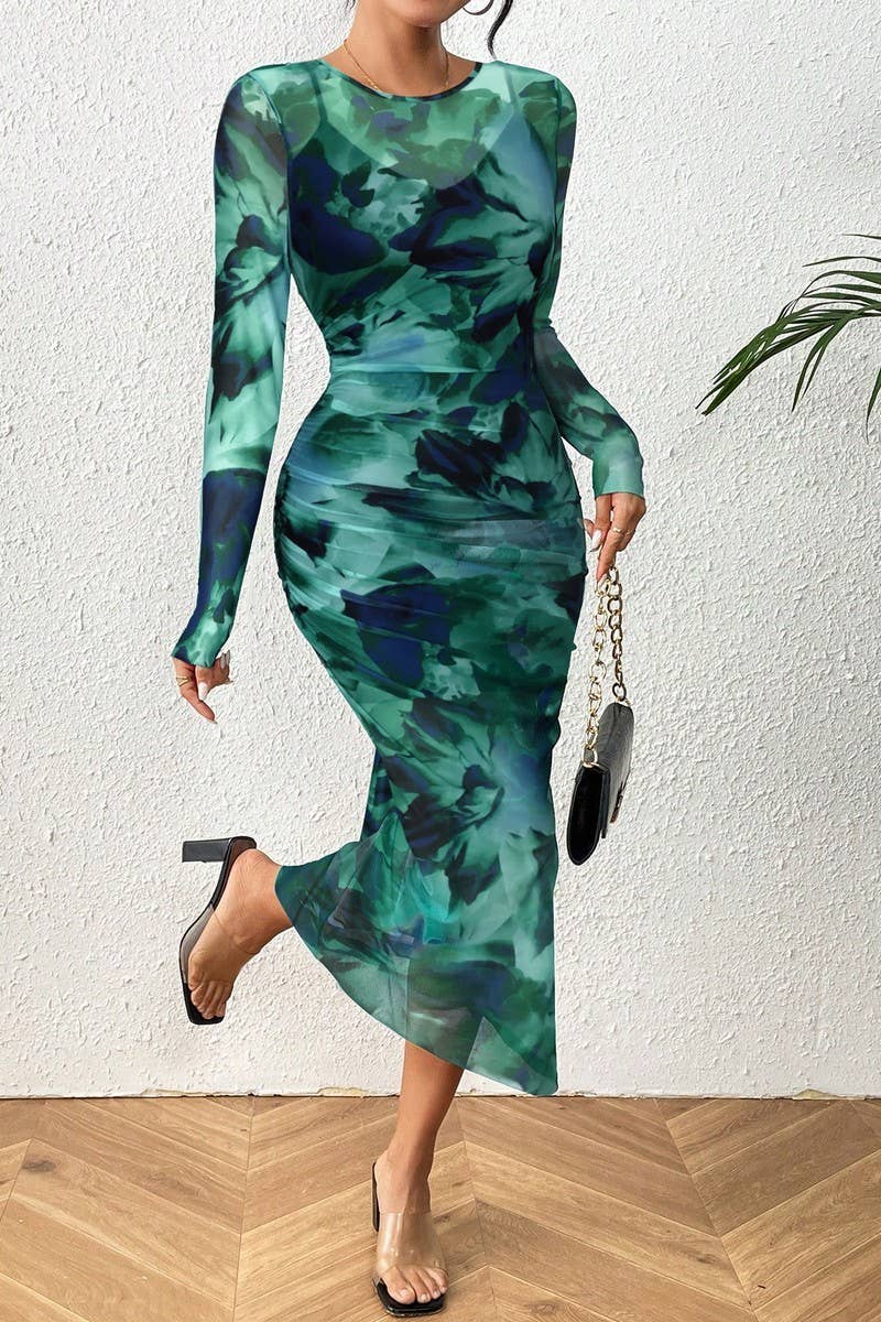 CWDMD5029_LONG SLEEVE FLORAL MESH SEXY TWO-PIECE DRESS