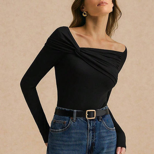 INTELLECTUAL STYLE SLANT NECK PLEATED SLIM TOP