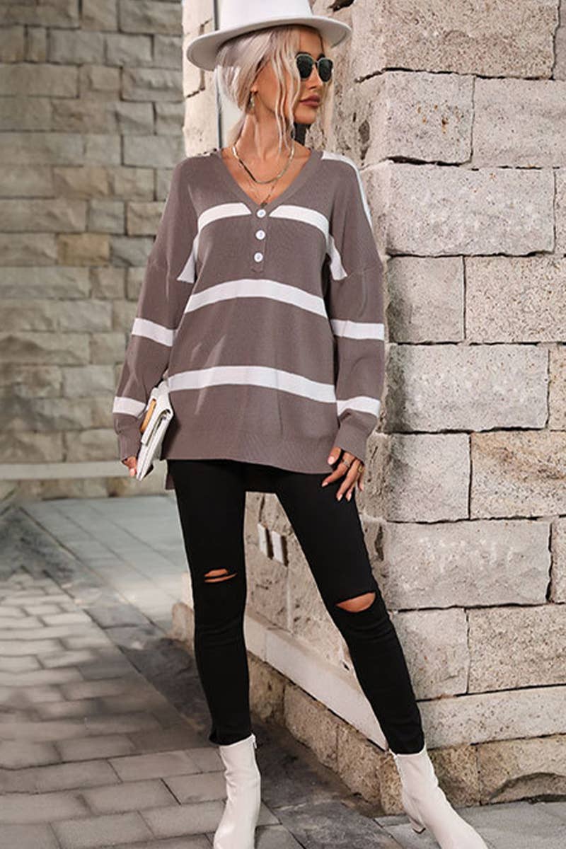 V-NECK LONG SLEEVE STRIPED JACQUARD THIN TOP