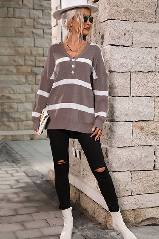 V-NECK LONG SLEEVE STRIPED JACQUARD THIN TOP