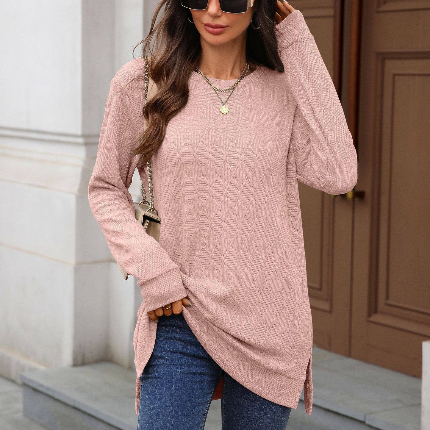 Round-neck knitted jacquard long-sleeved T-shirt