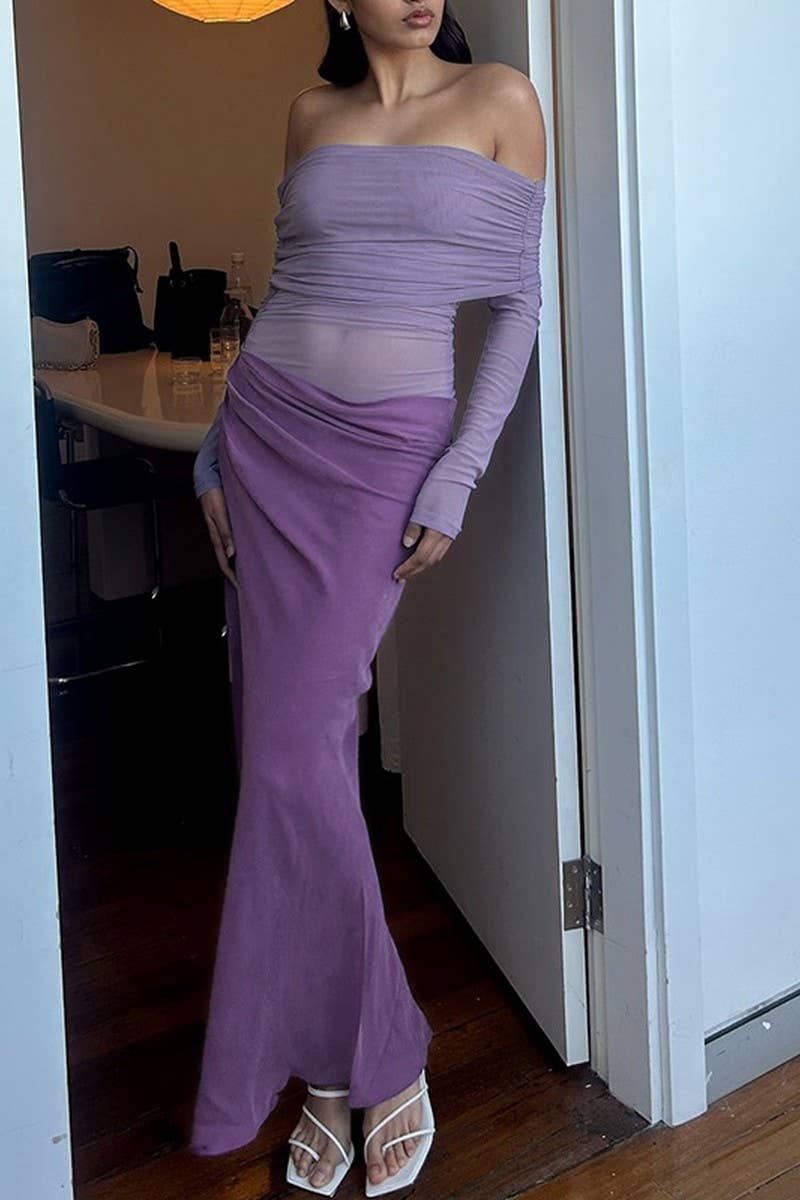 CWDMD6079_OFF SHOULDER LONG SLEEVE CUTOUT PATCHWORK DRESS