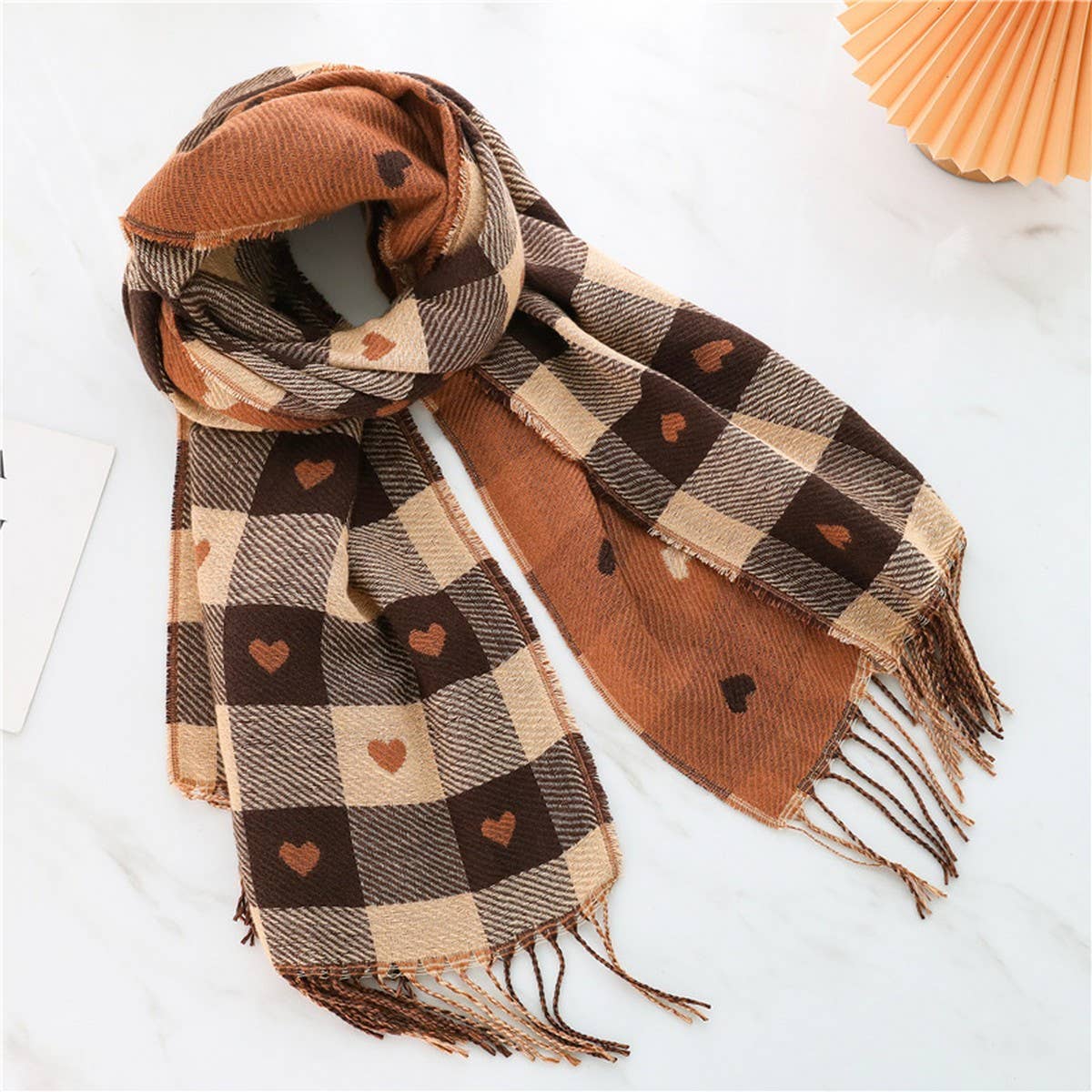 Plaid Scarf - Heart Colorblock Tassel Winter Shawl_CWASC0980