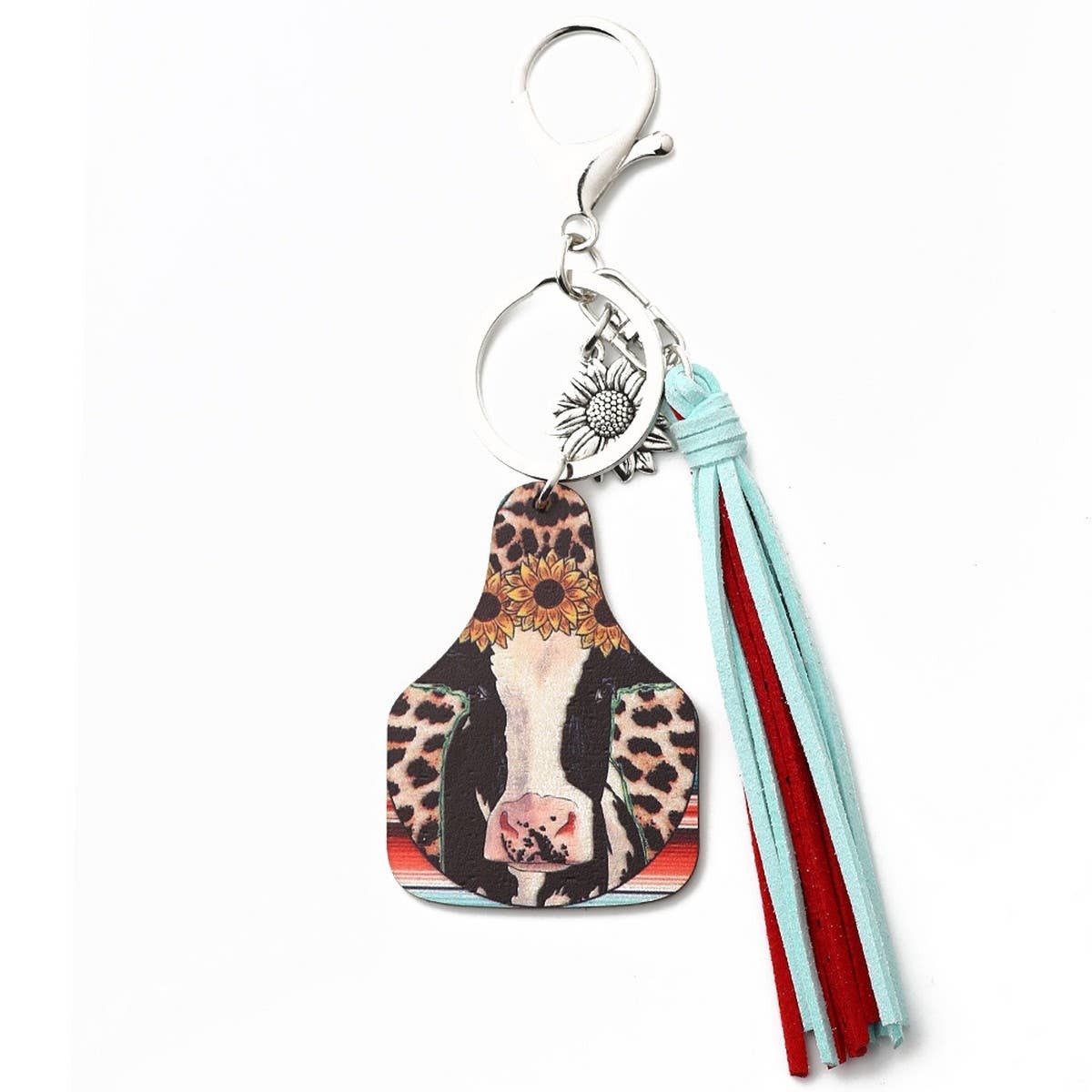 Western Bull Head Leather Tassel Sunflower Keychain_CWAB5089