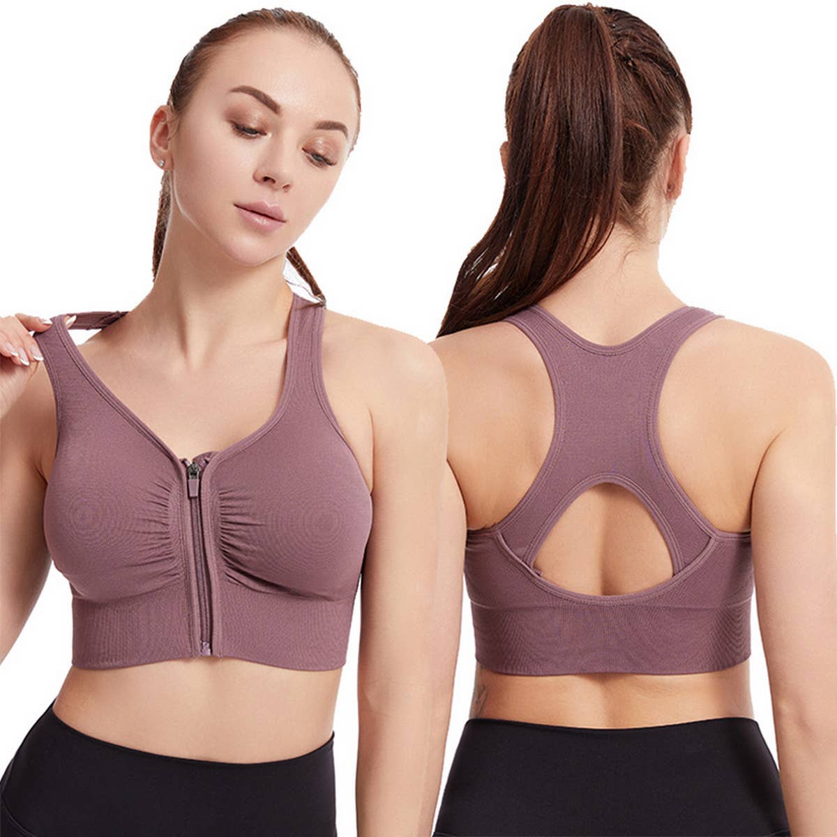 FRONT ZIPPER CUTOUT BACK SPORTS BRA
