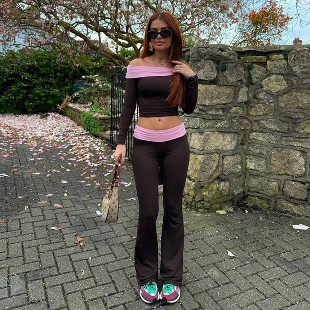 Off-the-shoulder top flared pants suit